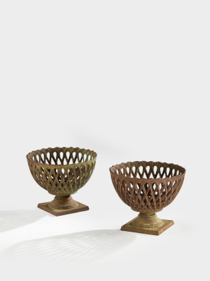 Pair of Victorian Cast-Iron Lattice Urns