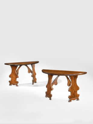 Pair of 18th Century Walnut Demi-lune 'Fratino' Consoles