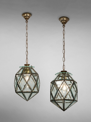 Pair of Multi-facetted Glass Pendant Lanterns