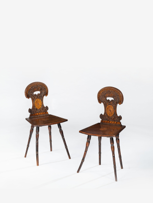 Pair of 19th Century Swiss Carved Walnut Hall Chairs