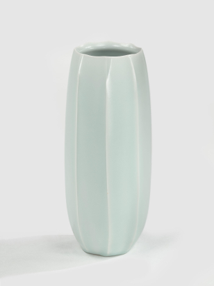 Tall Celdon Glazed Porcelain Ribbed Vase