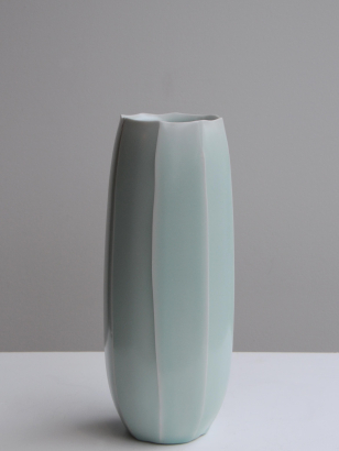 Tall Celdon Glazed Porcelain Ribbed Vase