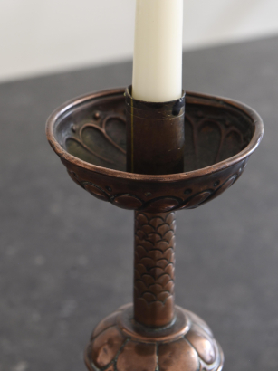 Pair of Arts & Crafts Copper Repoussé Candlesticks