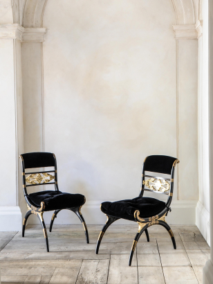 Pair of Regency Ebonised & Parcel Gilt Curule Side Chairs