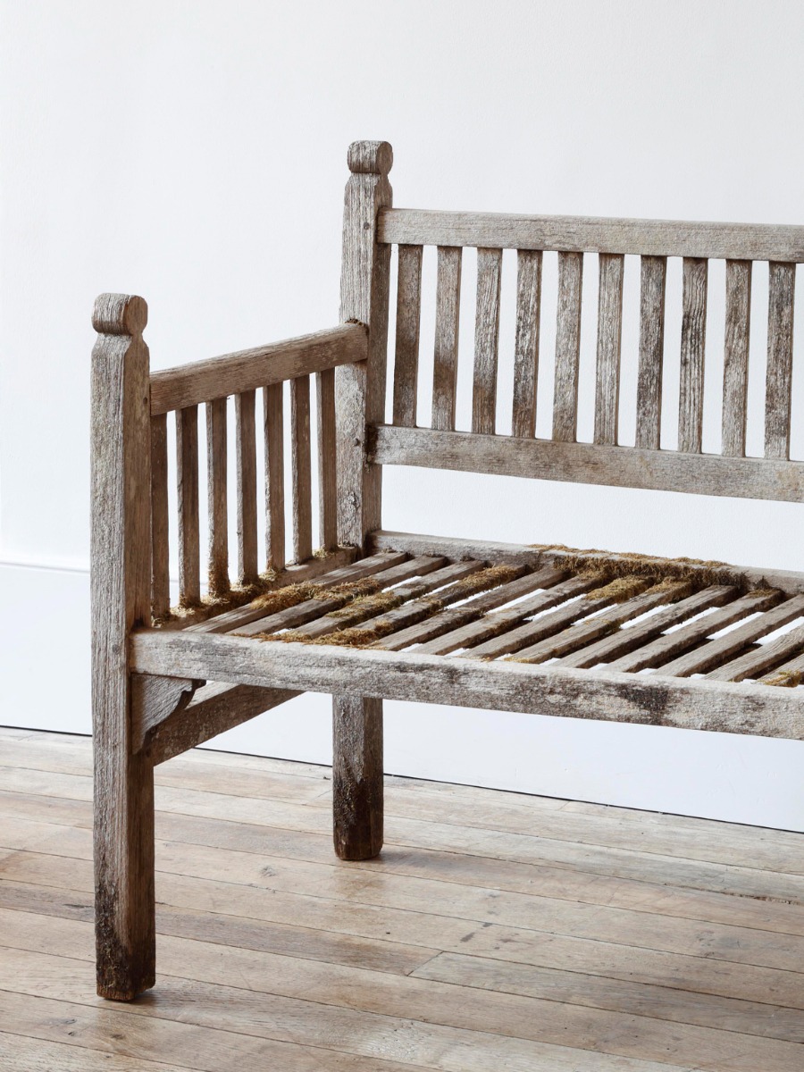 Moss-Covered Heals Teak Bench